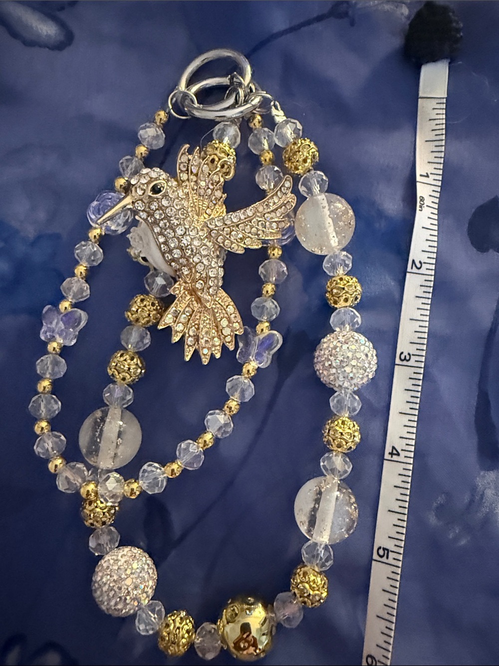 Gold Crystal Hummingbird Pendant Beaded Necklace - Clear and Gold